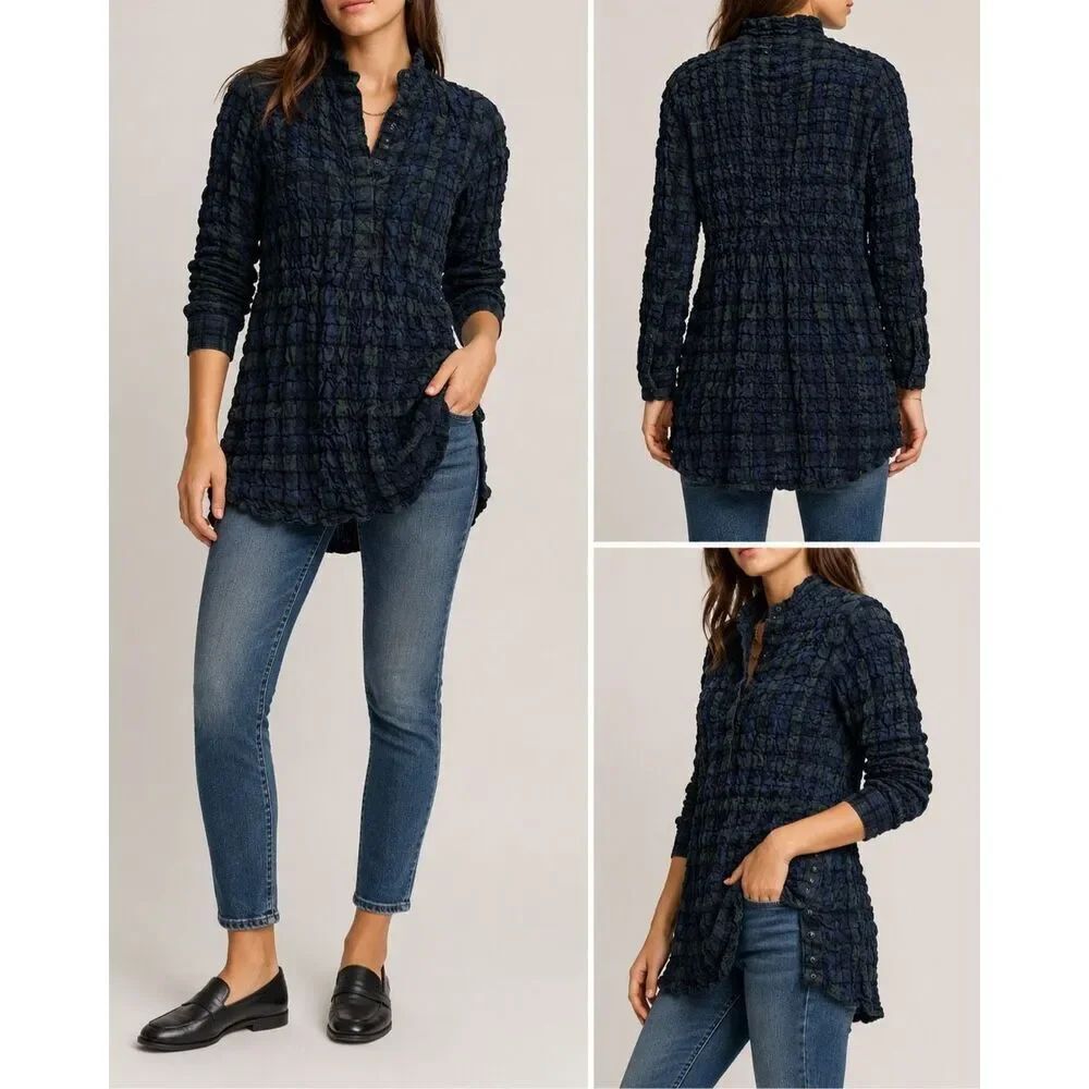 Madewell Smocked Plaid Tunic Top Small Blue Green Boho Cottagecore